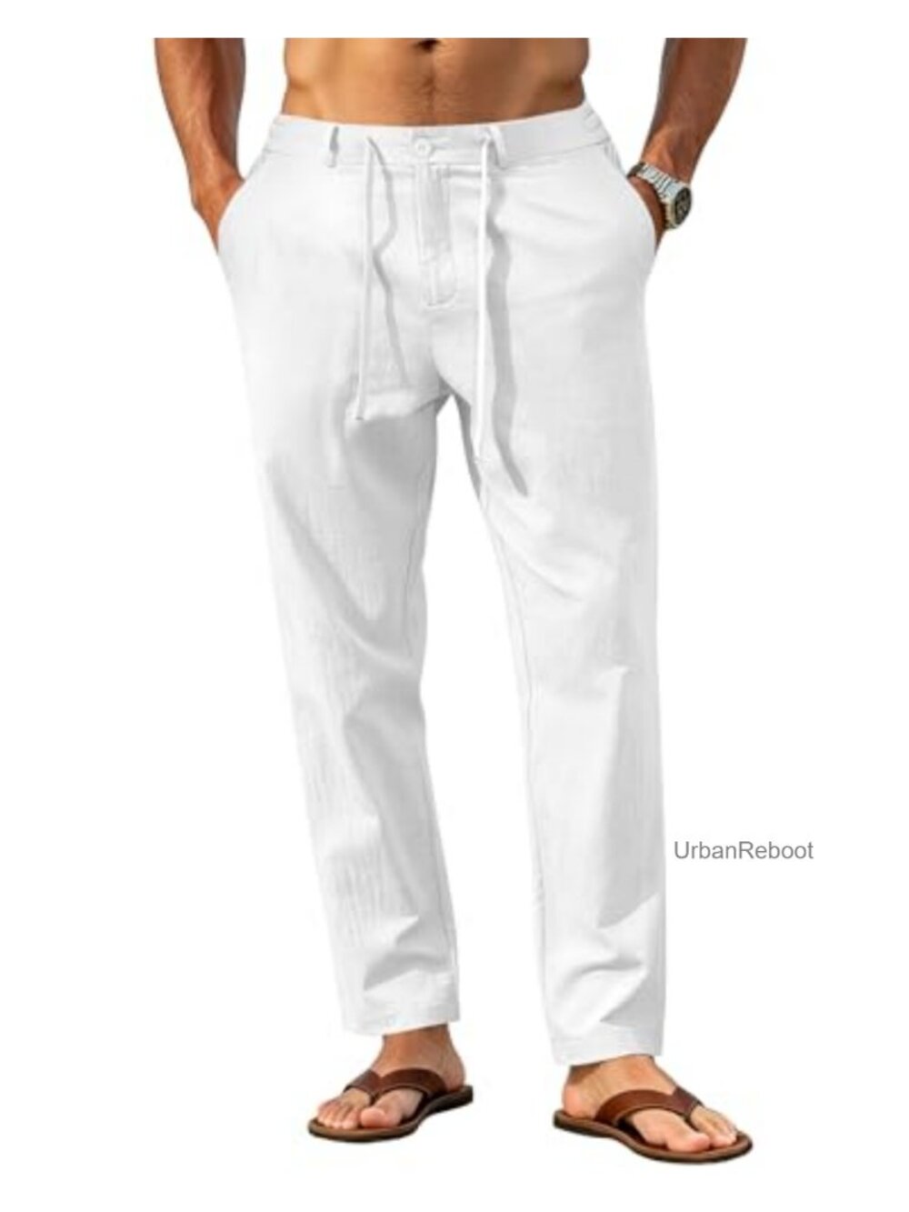 Mens Linen Pants Casual Drawstring Lightweight Summer Beach Trousers